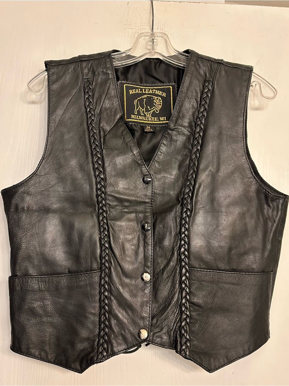 Real Leather Milwaukee Bikercore Cycle Braided Front Ladies Leather Vest Sz M.